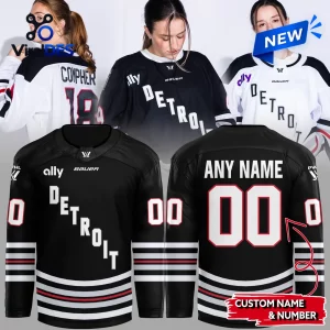 Collage showing multiple views of the PWHL Detroit 2026 Personalized Hockey Jersey in black and white.