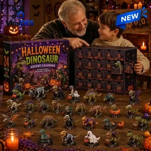 Grandfather and child opening a Halloween Dinosaur Advent Calendar with numbered compartments and toy figurines.
