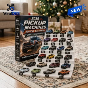 Front view of Pickup Machines Advent Calendar with display stand holding 24 mini toy trucks.
