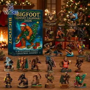 Front view of the Bigfoot 2026 Advent Calendar box alongside various miniature Sasquatch figures.