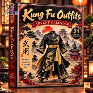 Front view of Kung Fu Outfits Christmas Advent Calendar box with black and gold robe graphic.