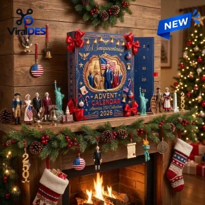 Front view of America 250 Semiquincentennial 2026 Advent Calendar on a festive fireplace mantel.