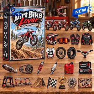Front view of the Dirt Bike Lover 2026 Advent Calendar box alongside miniature toy motorcycles and accessories.