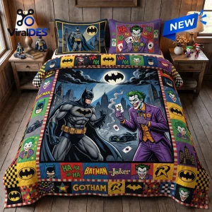 Front view of a comic book style superhero quilt set featuring hero and villain graphics.