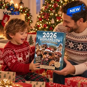 Father and child holding a blue Highland Cow 2026 Advent Calendar in a holiday setting.
