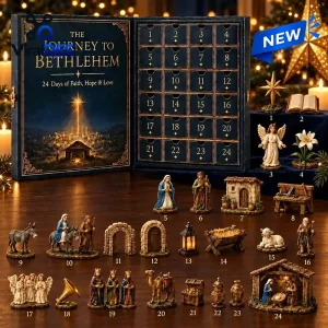 Front view of The Journey to Bethlehem Advent Calendar 2026 with numbered doors and figurines displayed.