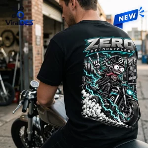 Back view of a Zero Motorcycles Halloween Shirt 2026 featuring a skeleton riding a motorcycle.