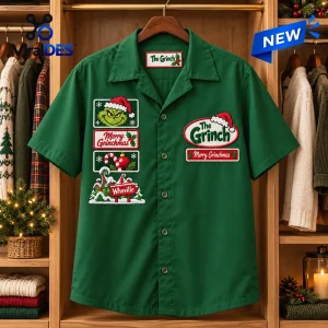 Front view of The Grinch Green Christmas Bowling Hawaiian Shirt hanging in a closet.