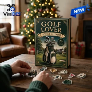 Front view of a Golf Lover Advent Calendar box with small acrylic golf ornaments on a wooden table.