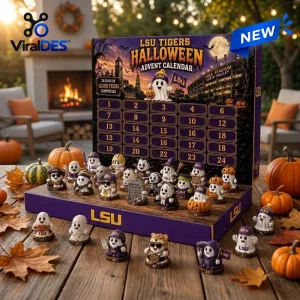 Front view of Louisiana State University Tigers Halloween advent calendar with miniature ghost figurines.