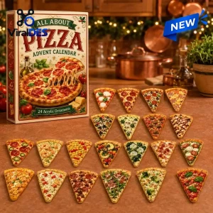 Front view of All About Pizza Advent Calendar 2026 box and twenty-four pizza slice ornaments.