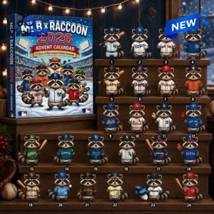 Front view of MLB x Raccoon 2026 Advent Calendar box beside tiered wooden shelves displaying 24 raccoon figurines.
