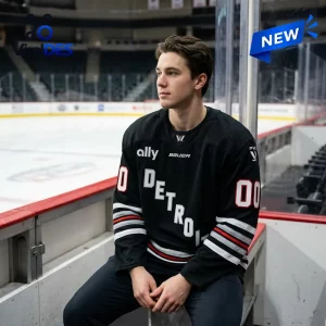 Man wearing a PWHL Detroit 2026 Personalized Hockey Jersey while sitting near an ice rink.