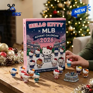 Front view of the MLB x Hello Kitty 2026 Advent Calendar box surrounded by small character figurines on a wooden table.
