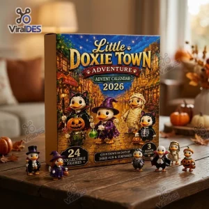 Front view of the Little Doxie Town 2026 Halloween Advent Calendar box with miniature toy figures displayed on a wooden table.