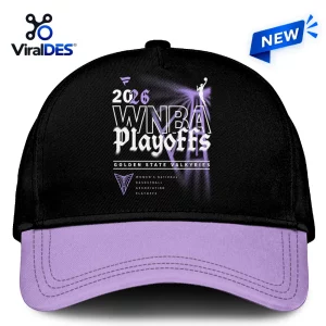 Front view of a black baseball cap with purple brim and Golden State Valkyries 2026 WNBA playoff graphics.