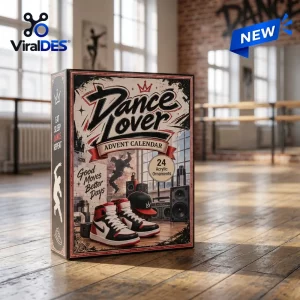 Front three-quarter view of the Dance Lover Advent Calendar box sitting on a wooden dance studio floor.