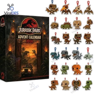 Front view of Jurassic Park 2026 Dinosaur Advent Calendar box next to twenty small dinosaur character ornaments.