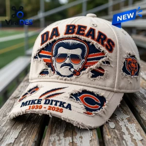 Front view of a distressed baseball cap featuring embroidered text, a mustache character portrait, and team logos.