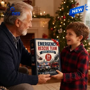 Grandfather and young boy holding the Emergency Rescue Team Advent Calendar 2026 near a Christmas tree.