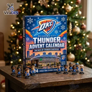 Front view of Oklahoma City Thunder 2026 Advent Calendar box with mini figurines on wooden table.
