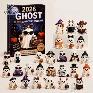 Front view of a Ghost 31 Days Halloween Advent Calendar box next to numerous small ghost figurines.