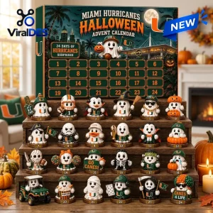 Front view of a Miami Hurricanes Halloween advent calendar box with twenty-four numbered doors and spooky figurines.