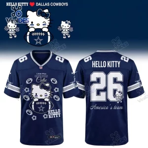 Front and back view of a blue Dallas Cowboys custom football jersey featuring Hello Kitty graphics and number 26.