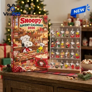 Front view of Snoopy 2026 Advent Calendar Blind Box with numbered daily doors and a clear acrylic stand displaying twenty figures.