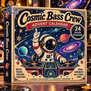 Front view of the Cosmic Bass Crew Advent Calendar 2026 box featuring an astronaut DJ graphic.