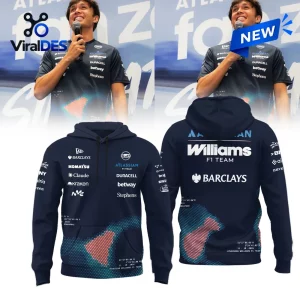 Front and back view of a blue Williams F1 Team hoodie featuring various sponsor logos and geometric graphics.