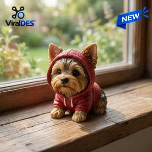Front view of Yorkshire Terrier Christmas Advent Calendar 2026 figurine wearing a red hoodie on a wooden windowsill.