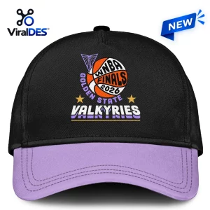 Front view of a black cap with a purple brim and a Golden State Valkyries 2026 WNBA Finals graphic.