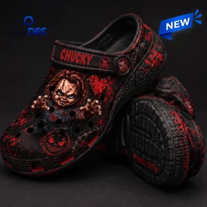 Side view of Chucky Bloody Slasher Horror Clogs with red splatter graphic.