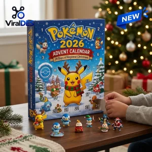 Front view of Pokemon 2026 Christmas Advent Calendar with mini figures displayed on a wooden table.