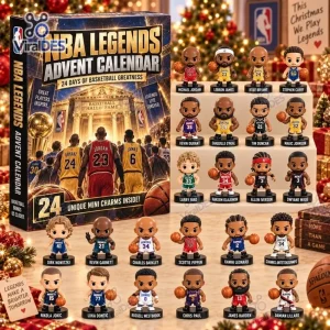Front view of NBA Legends Basketball Advent Calendar 2026 with box and 24 mini figures.