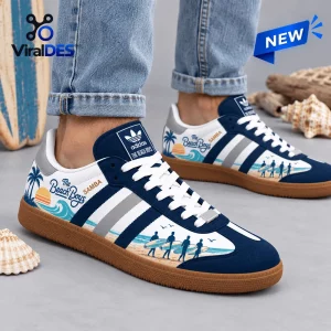 On-feet view of The Beach Boys Samba Sneakers featuring a blue and white surf graphic design.