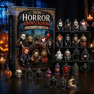 Front view of Horror Movie Advent Calendar 2026 box with miniature figures displayed.
