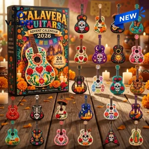 Front view of Calavera Guitar Advent Calendar 2026 packaging alongside twenty-four mini guitar acrylic ornaments.