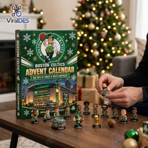 Front view of Boston Celtics 2026 Advent Calendar box next to small figurines on a table.
