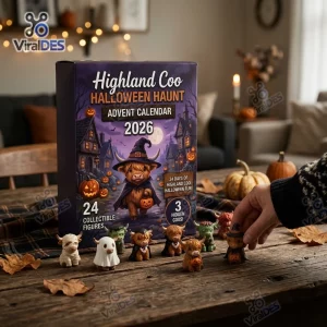 Front view of Highland Coo Halloween Haunt Advent Calendar 2026 box with toy figures on table.