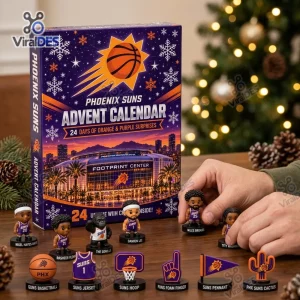 Front view of the Phoenix Suns Basketball Advent Calendar 2026 with mini figurines and holiday decor.