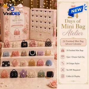Front view of the Mini Bag Atelier Pearl Advent Calendar showing 24 numbered drawers and mini beaded handbags.