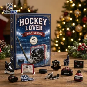 Front view of Hockey Lover Advent Calendar 2026 box with miniature hockey ornaments displayed on a wooden table.