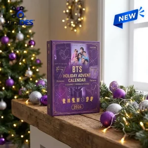 Front view of the BTS 2026 Purple Holiday Advent Calendar on a wooden mantelpiece with Christmas decorations.