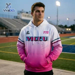 Man wearing a pink and white gradient Florida International University ViceU 305 Hoodie on a track field.