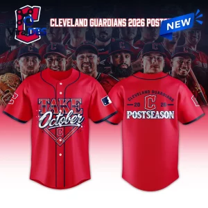 Front and back view of a red Cleveland Guardians 2026 Postseason baseball jersey with Take October graphics.
