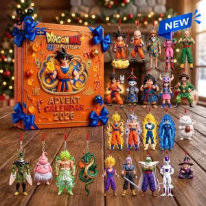Front view of Dragon Ball 40th Anniversary Advent Calendar 2026 box with multiple character figurines.
