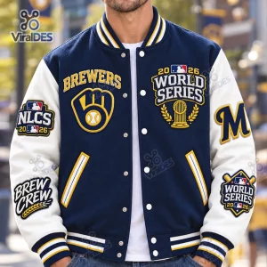 Front view of the Milwaukee Brewers 2026 World Series Baseball Jacket featuring patches and embroidery.