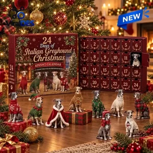 Front view of an Italian Greyhound Christmas Advent Calendar 2026 with figurines in holiday sweaters.